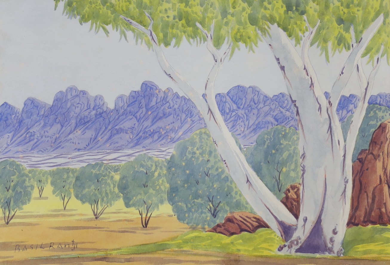Basil Rantji (Australian), aboriginal landscape watercolour in glazed frame 25x36cm